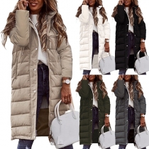 Street Fashion Solid Color Long Sleeve Hooded Quilted Longline Jacket