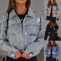 Street Fashion Old-washed Pearl Star Printed Stand Collar Long Sleeve Crop Denim Jacket