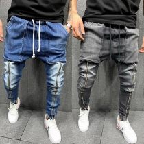 Street Fashion Old-washed Large Pockets Zipper Drawstring Denim Jeans for Men
