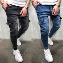 Street Fashion Old-washed Large Pockets Zipper Drawstring Denim Jeans for Men