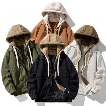 Fashion Contrast Color Plush Lined Long Sleeve Drawstring Hooded Jacket for Men