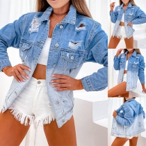 Fashion Gradient Color Old-washed Ripped Denim Jacket