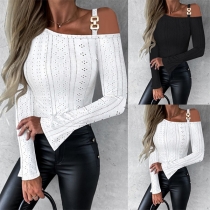 Sexy Hollow-out One-shoulder Metal Buckle Long Sleeve Shirt