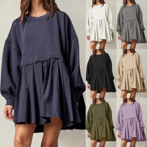 Casual Solid Color Round Neck Long Sleeve Tiered Pleated Loose Mini Dress