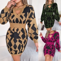 Fashion Contrast Color Pattern Front Cutout Laterm Long Sleeve Knitted Sweater Dress