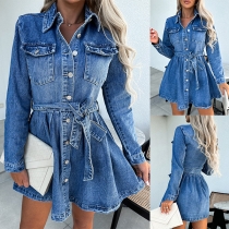 Fashion Old-washed Stand Collar Long Sleeve Self-tie Patch Pockets Denim Dress