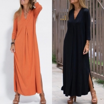 Casual Solid Color V-neck 3/4 Long Sleeve Slit Maxi Dress