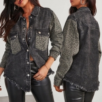 Street Fashion Leopard Printed Spliced Long Sleeve Chest Pockets Frayed Hemline Denim Jacket