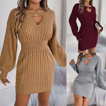 Fashion Solid Color Front Cutout Lantern Sleeve Sweater Dress