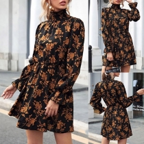 Fashion Floral Printed Mock Neck Long Sleeve Mini Dress