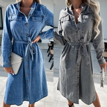 Street Fashion Old-washed Stand Collar Long Sleeve Patch Chest Pockets Self-tie Denim Dress