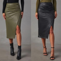 Street Fashion Solid Color High-rise Irregular Hemline Slit Bodycon Artificial Leather PU Pencil Skirt （Size Run Big）