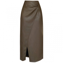 Street Fashion Solid Color High-rise Irregular Hemline Slit Bodycon Artificial Leather PU Pencil Skirt （Size Run Big）