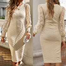 Fashion Lace Spliced Long Sleeve Knitted Dress