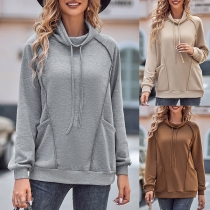 Casual Solid Color Drawstring Draped Neck Long Sleeve Patch Pockets Sweatshirt