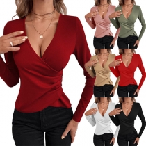 Fashion Solid Color V-neck Long Sleeve Buttoned Shirt