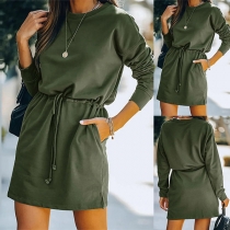 Casual Solid Color Round Neck Long Sleeve Drawstring Mini Dress