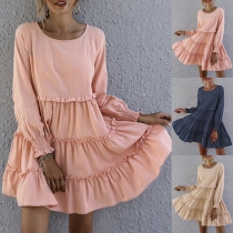 Casual Solid Color Round Neck Ruffled Tiered Dress