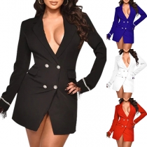 Elegant Solid Color Buttoned V-neck Long Sleeve Suit Dress for Women