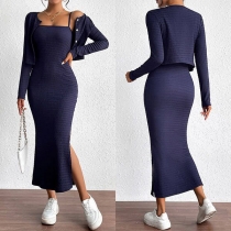 Elegant Two-piece Knitted Dress Consist of Cardigan and Bodycon Slit Dress