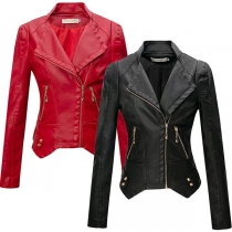 Street Fashion Solid Color Lapel Slant Zipper Long Sleeve Artificial Leather PU Jacket