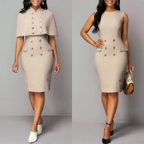 Fashion Double Breasted Two-piece Set Consist of Cloak and Bodycon Sleeveless Dress