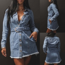 Street Fashion Stand Collar Front Button Long Sleeve Frayed Hemline Denim Dress with Belt