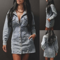 Street Fashion Old-wash Stand Collar Front Button Chest Pockets Long Sleeve Polo Denim Dress