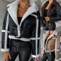 Street Fashion Plush Linen Stand Collar Long Sleeve Buckle Artificial Leather PU Crop Jacket