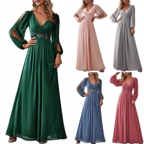 Elegant Solid Color V-neck Slit Long Sleeve High-rise Maxi Party Dress