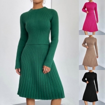 Elegant Knitted Ribbed Two-piece Set Consist of Round Neck Sweater and Skirt