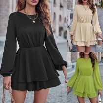 Fashion Solid Color Round Neck Long Sleeve Tiered Ruffle Romper