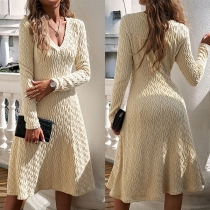 Fashion Ribbed Cable Pattern V-neck Long Sleeve Knitted Dress