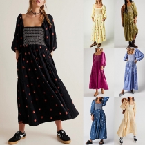 Fashion Floral Embroidery Square Neck Smocked Elbow Sleeve Midi Dress