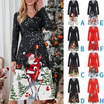Fashion Santa Printed V-neck Long Sleeve Christmas Dress