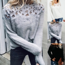 Fashion Lace Spliced Round Neck Long Sleeve Plush Shirt