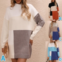Street Fashion Contrast Color Block Round Neck Long Sleeve Sweater Dress
