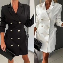 Elegant Solid Color Double Breasted Notch Lapel Long Sleeve Side Drawstring Suit Dress