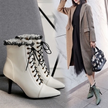 Sweet Style Lace Spliced Lace-up Pointed-toe High-heeled Ankle Boots