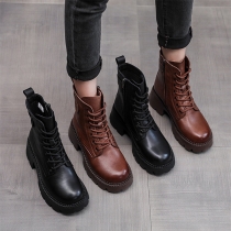 Fashion Solid Color Lace-up Block Heeled Artificial Leather PU Martin Boots