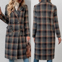 Elegant Contrast Color Checkered Double Breasted Notch Lapel Long Sleeve Duffle Jacket