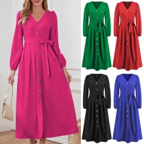 Fashion Solid Color Buttoned V-neck Long Sleeve Self-tie Midi Dress