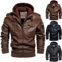 Fashion Long Sleeve Stand Collar Hooded Spliced Zipper Artificial Leather PU Jacket for Men