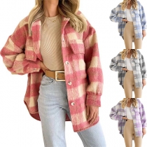 Casual Plush Contrast Color Plaid Long Sleeve Jacket
