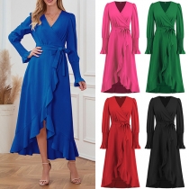 Fashion Solid Color V-neck Long Sleeve Ruffle Hemline Self-tie Wrap Dress