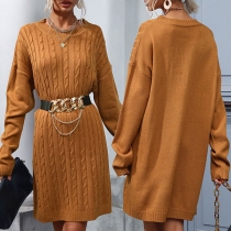 Fashion Solid Color Round Neck Long Sleeve Knitted Sweater Dress