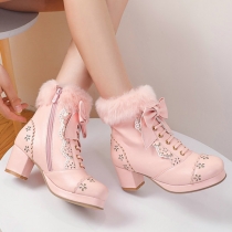 Sweet Lolita Style Bowknot Floral Pattern Lace-up Plush Lined Block Heeled Ankle Boots
