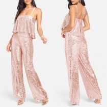 Bling-bling Sequined Ruffled Straight Cut Cami Jumpsuit