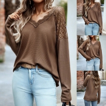 Casual Lace Spliced V-neck Long Sleeve Knitted Shirt