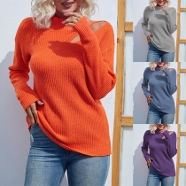 Fashion Solid Color Long Sleeve Cut Out Knitted Pullover Sweater